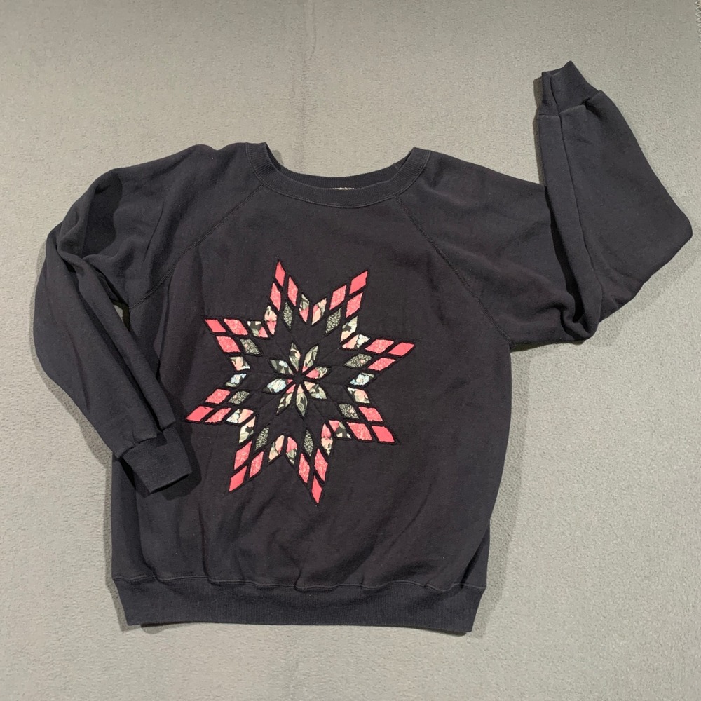 Vintage Hanes Her Way Star Quilt Applique Crewneck Sweatshirt Women's XL Black‎